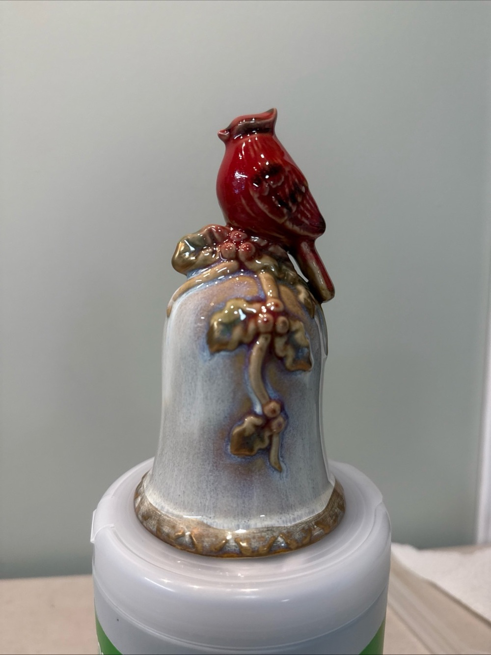 Ceramic Hand Painted Cardinal Bird Bell, White Floral Accents, Glossy Finish